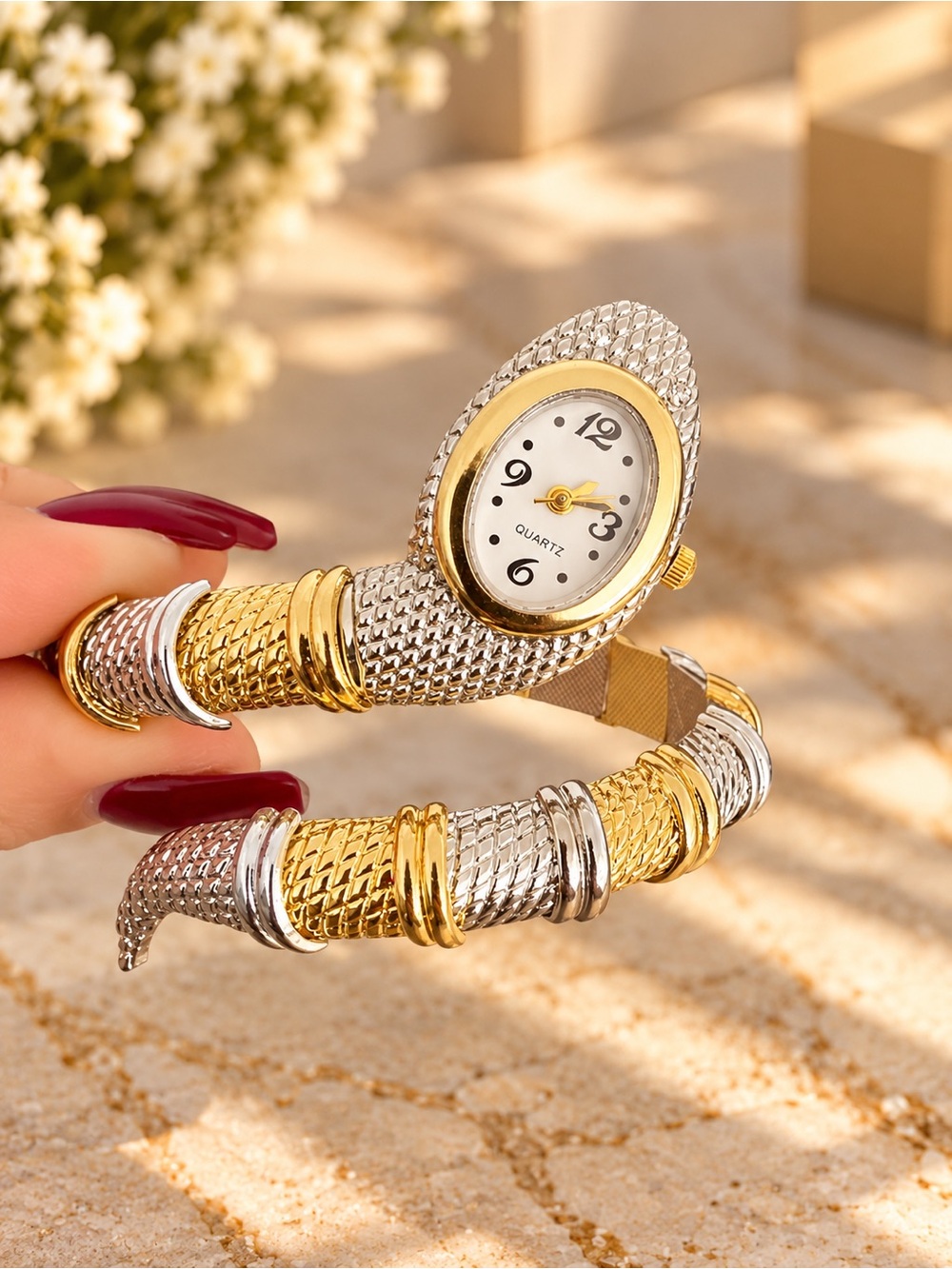 Snake Two Tone Gold Silver Cuff Quartz Watch - Picture 2 of 2
